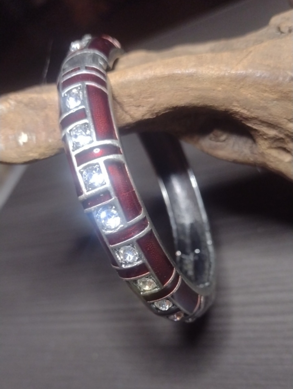 Vintage Silver-Tone Burgundy Enamel Bracelet with Clear Crystals